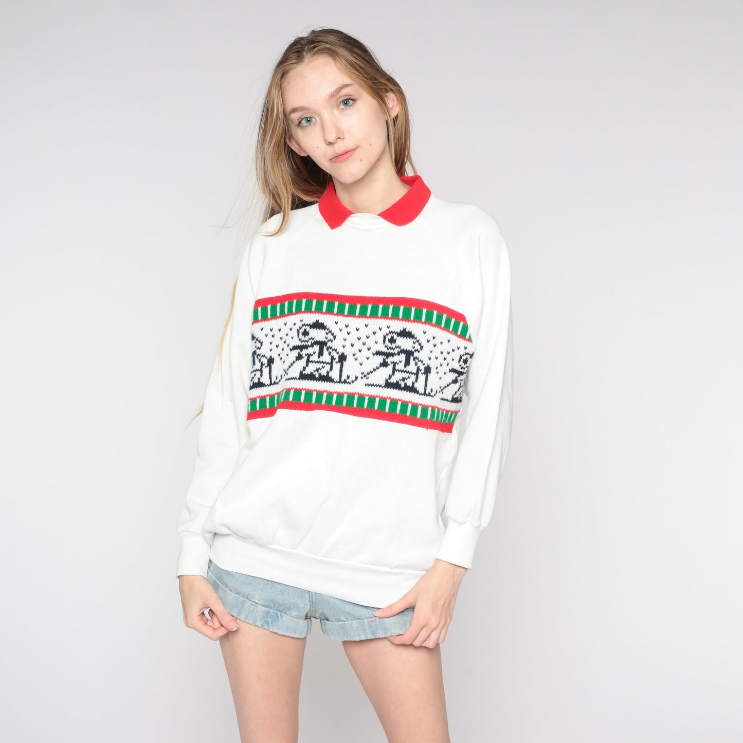 80s Mouse Ski Sweatshirt White Collared Graphic Raglan Large L