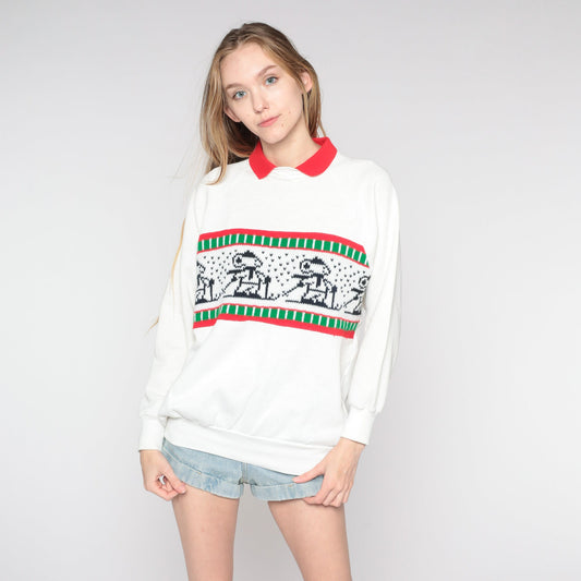 80s Mouse Ski Sweatshirt White Collared Graphic Raglan Large L