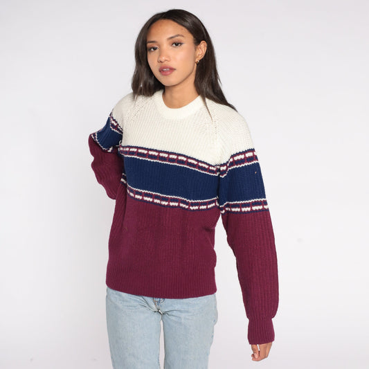 80s St. Johns Bay Colour Block Striped Raglan Sweater Purple Blue White Medium