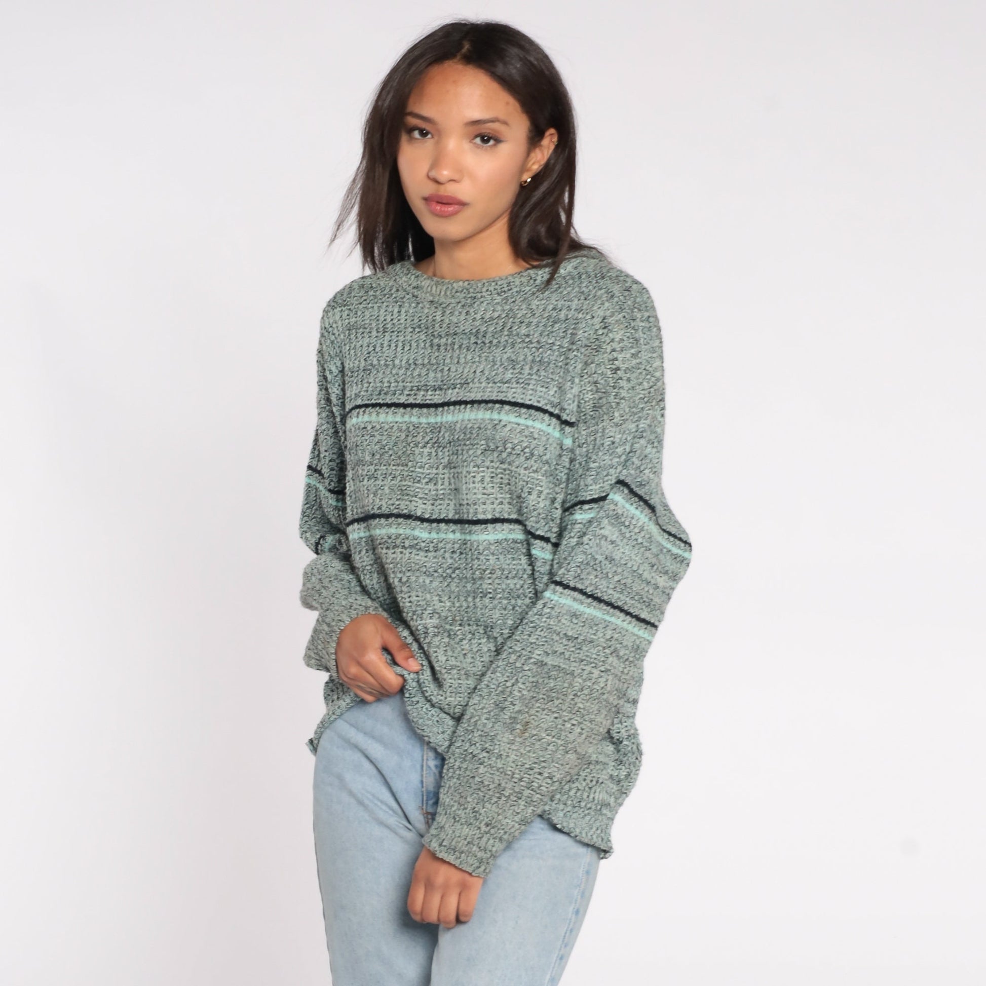 80s Flecked Striped Knit Sweater Navy Aqua Pullover Large L