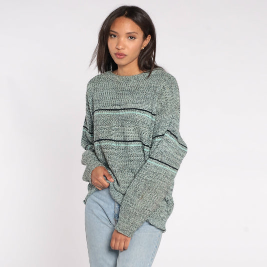 80s Flecked Striped Knit Sweater Navy Aqua Pullover Large L