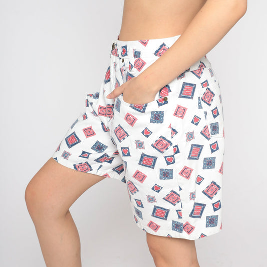 90s Patchwork Heart Shorts White Cotton High Waisted Wide Leg Medium