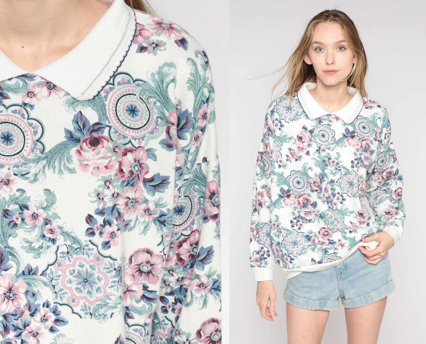 80s Floral Collared Sweatshirt All Over Print White Pink Green Extra Extra Large XXL