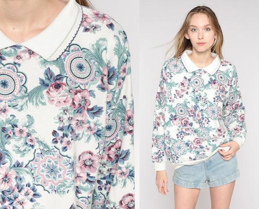 80s Floral Collared Sweatshirt All Over Print White Pink Green Extra Extra Large XXL