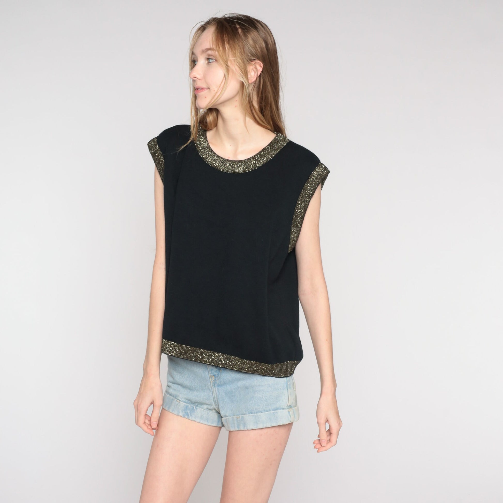 90s Black Knit Sweater Top Gold Metallic Trim Plus Size XXL