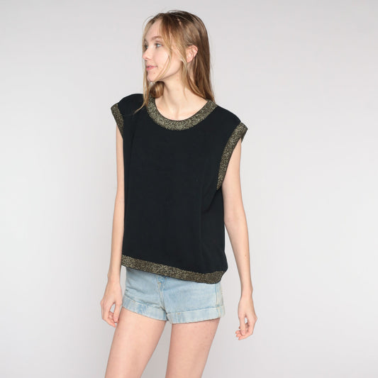 90s Black Knit Sweater Top Gold Metallic Trim Plus Size XXL