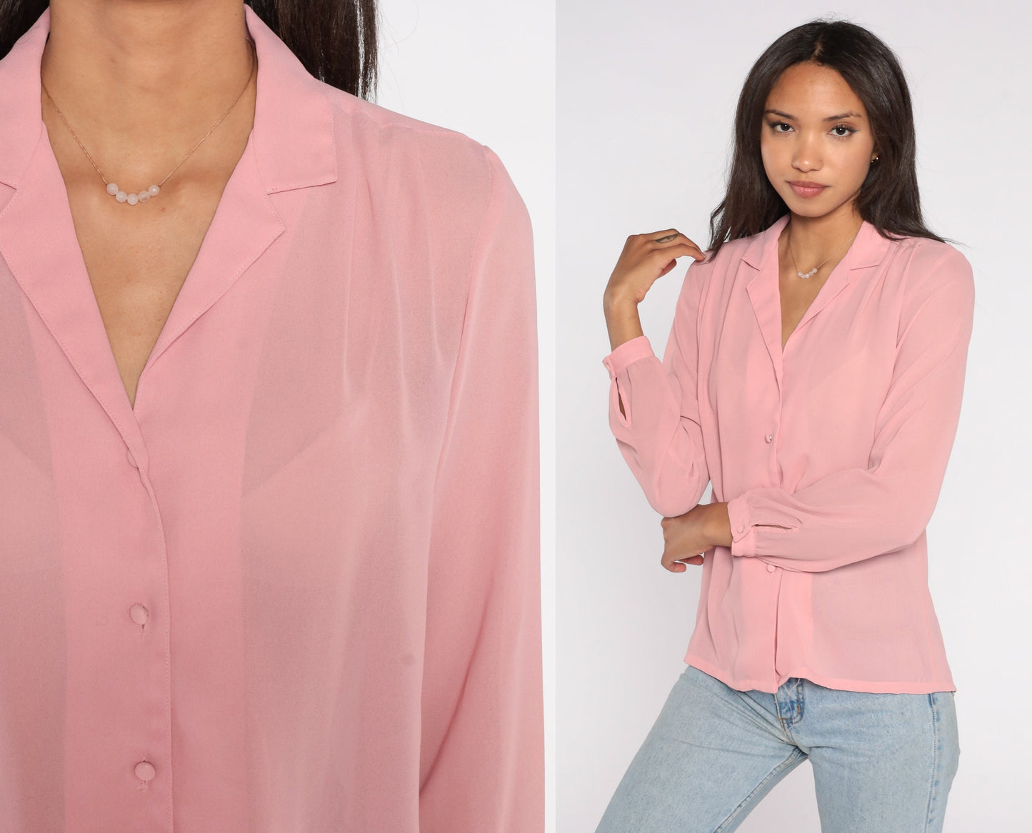 80s Pink Chiffon Blouse Long Sleeve Button Up Sheer Shirt Small