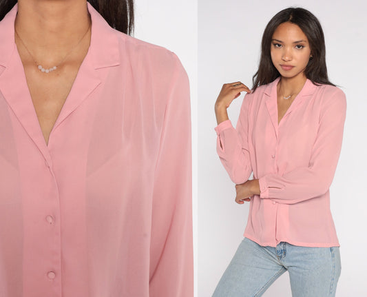 80s Pink Chiffon Blouse Long Sleeve Button Up Sheer Shirt Small
