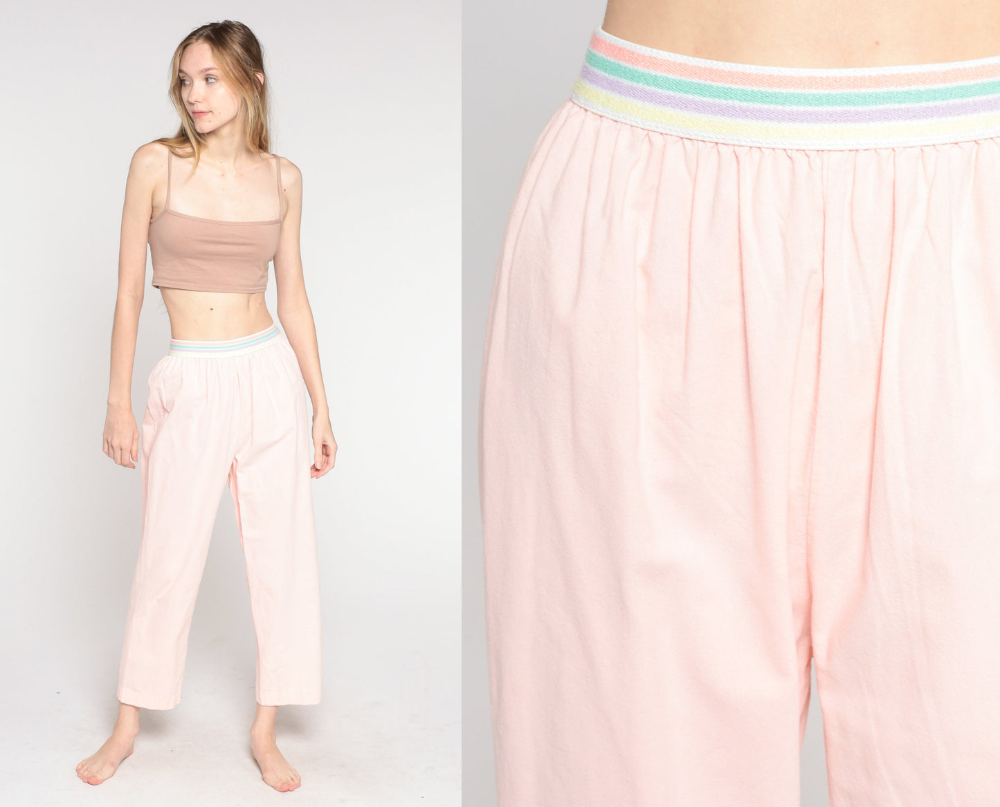 80s Baby Pink Striped Elastic Waist Tapered Trousers Small