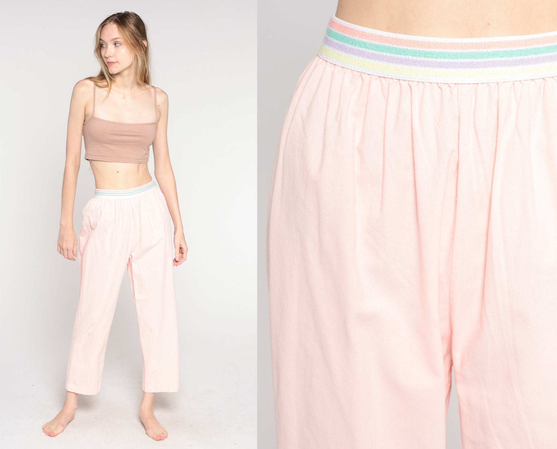 80s Baby Pink Striped Elastic Waist Tapered Trousers Small