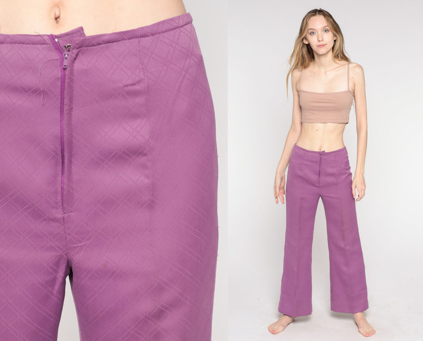 70s Purple Bell Bottom Pants High Waist Wide Leg Trousers Small