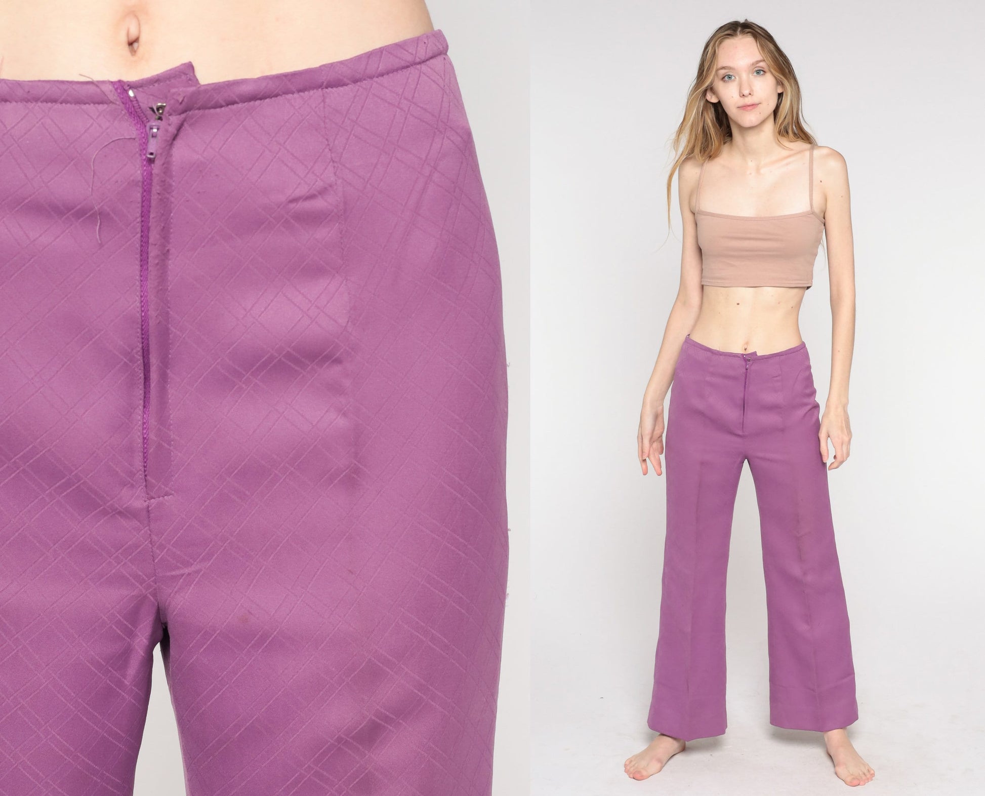 70s Purple Bell Bottom Pants High Waist Wide Leg Trousers Small