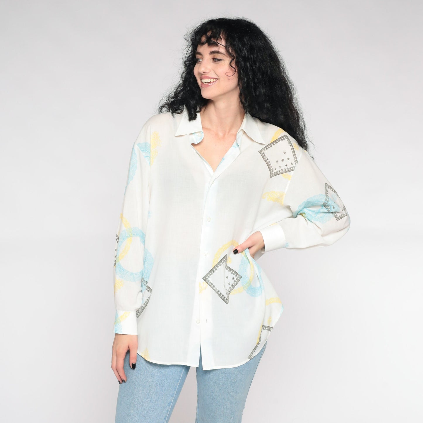 Y2K Geometric Button-Up Shirt White Pointed Collar 00s Long Sleeve Extra Large
