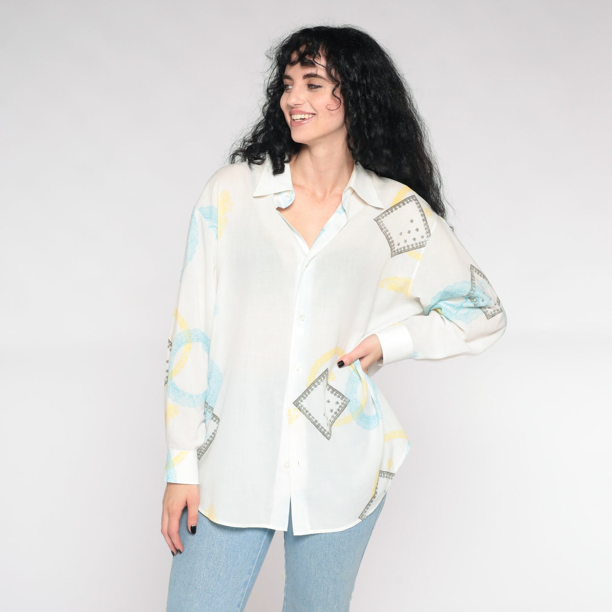 Y2K Geometric Button-Up Shirt White Pointed Collar 00s Long Sleeve Extra Large