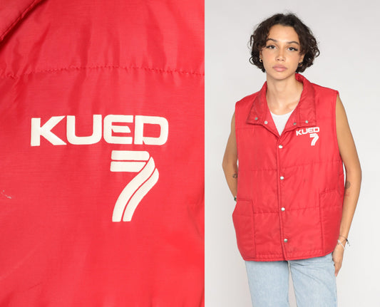 80s KUED 7 PBS Utah Red Puffer Vest Snap Front Skiwear Large