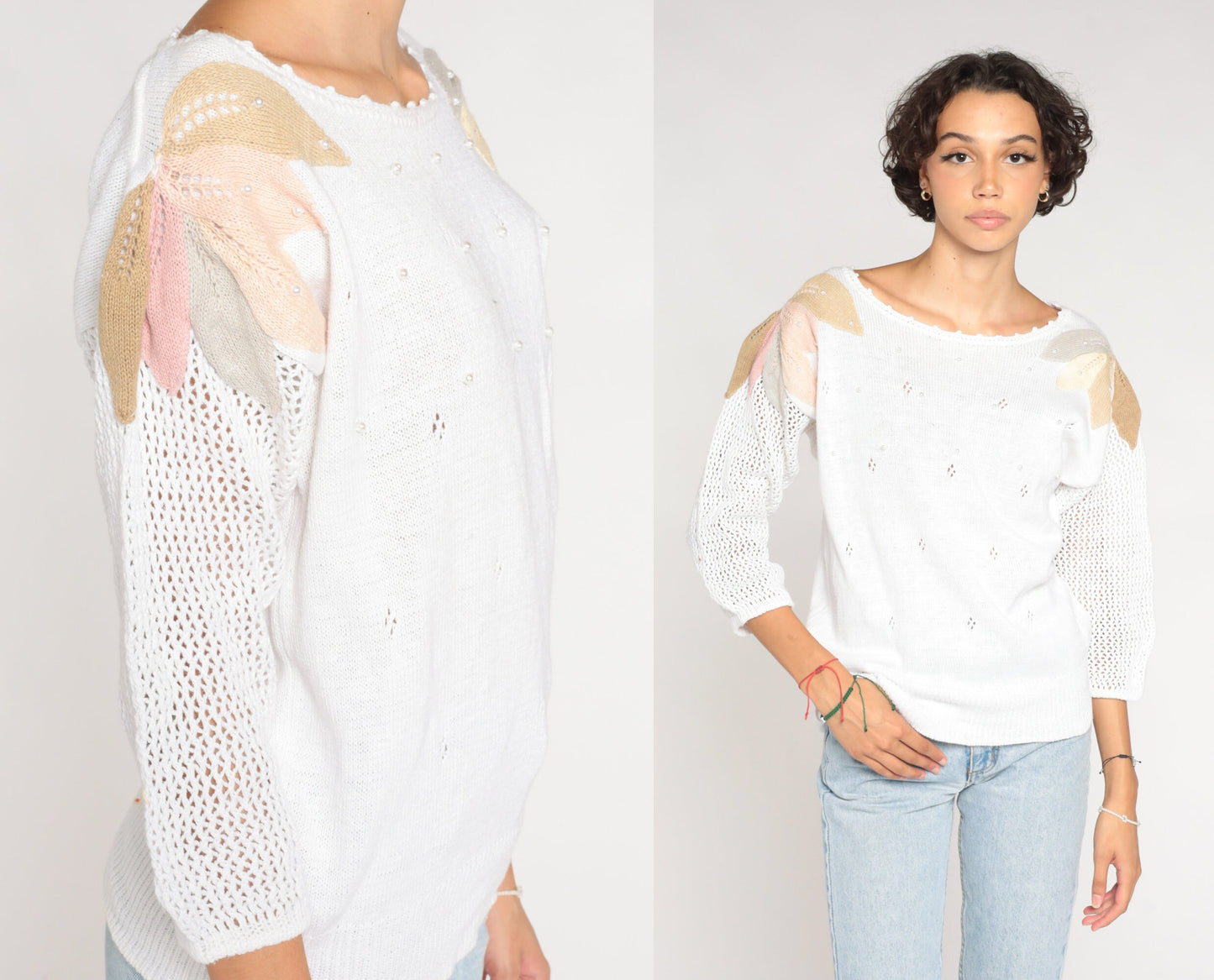 90s White Cutout Knit Sweater Pearl Beaded Leaf Applique Medium M