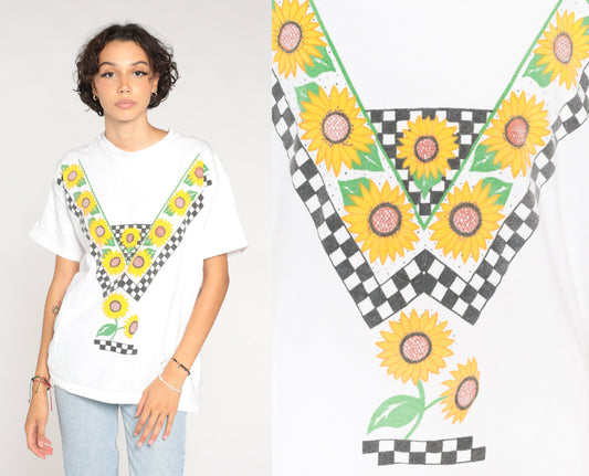 90s Sunflower Checkered Graphic T-Shirt White Cotton Single Stitch Large