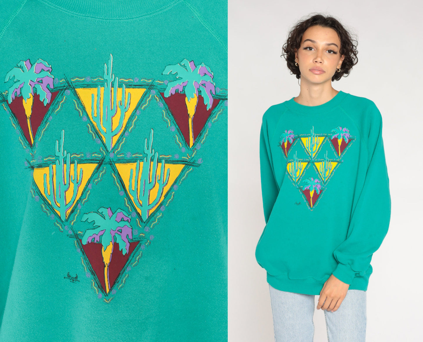 90s Desert Cactus Palm Tree Sweatshirt Green Raglan Graphic Large