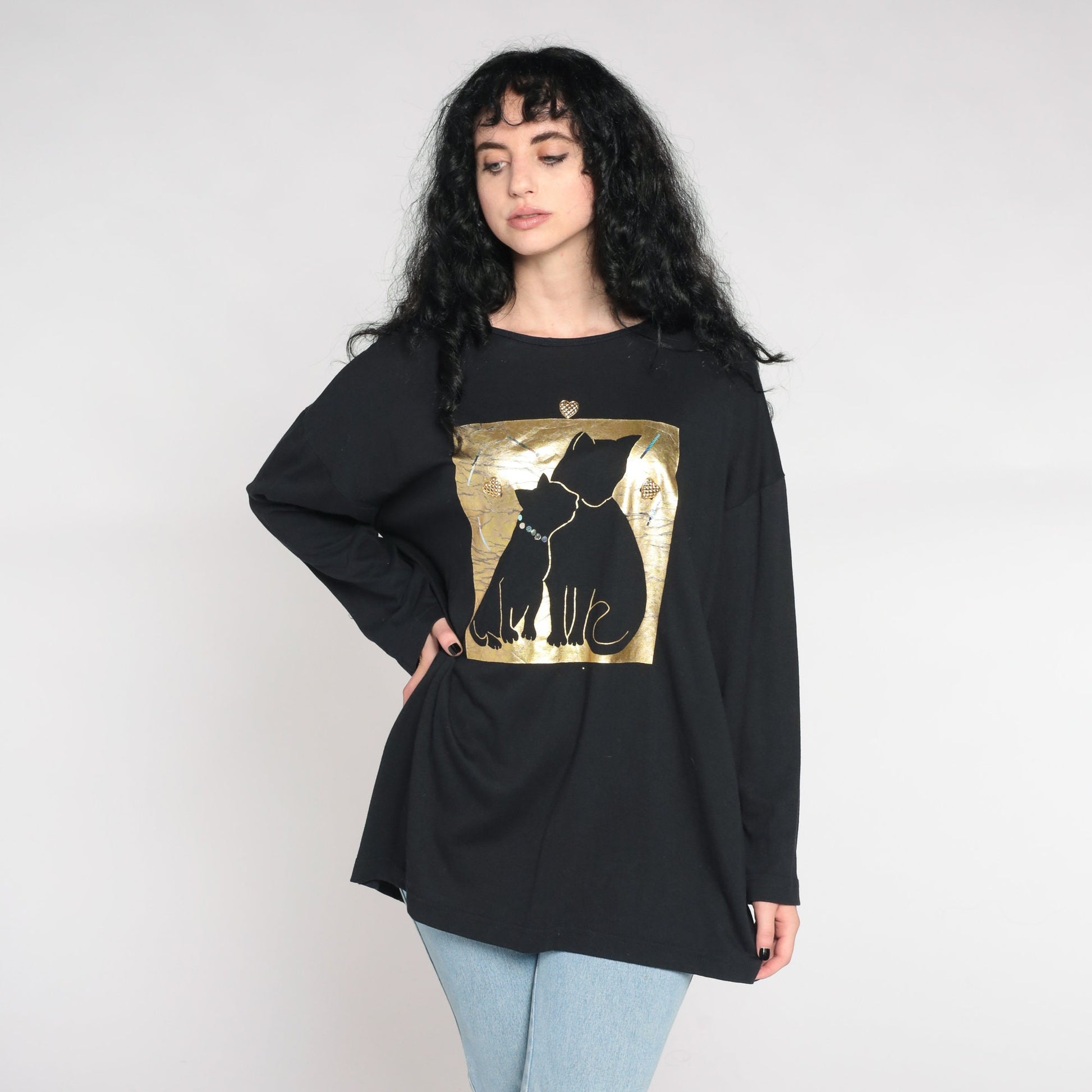 90s Cat Mama Baby Kitten Graphic Tee Gold Metallic Heart Black Extra Large