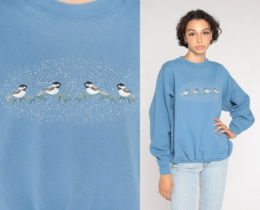 90s Bird Graphic Sweatshirt Blue Embroidered Crewneck Large