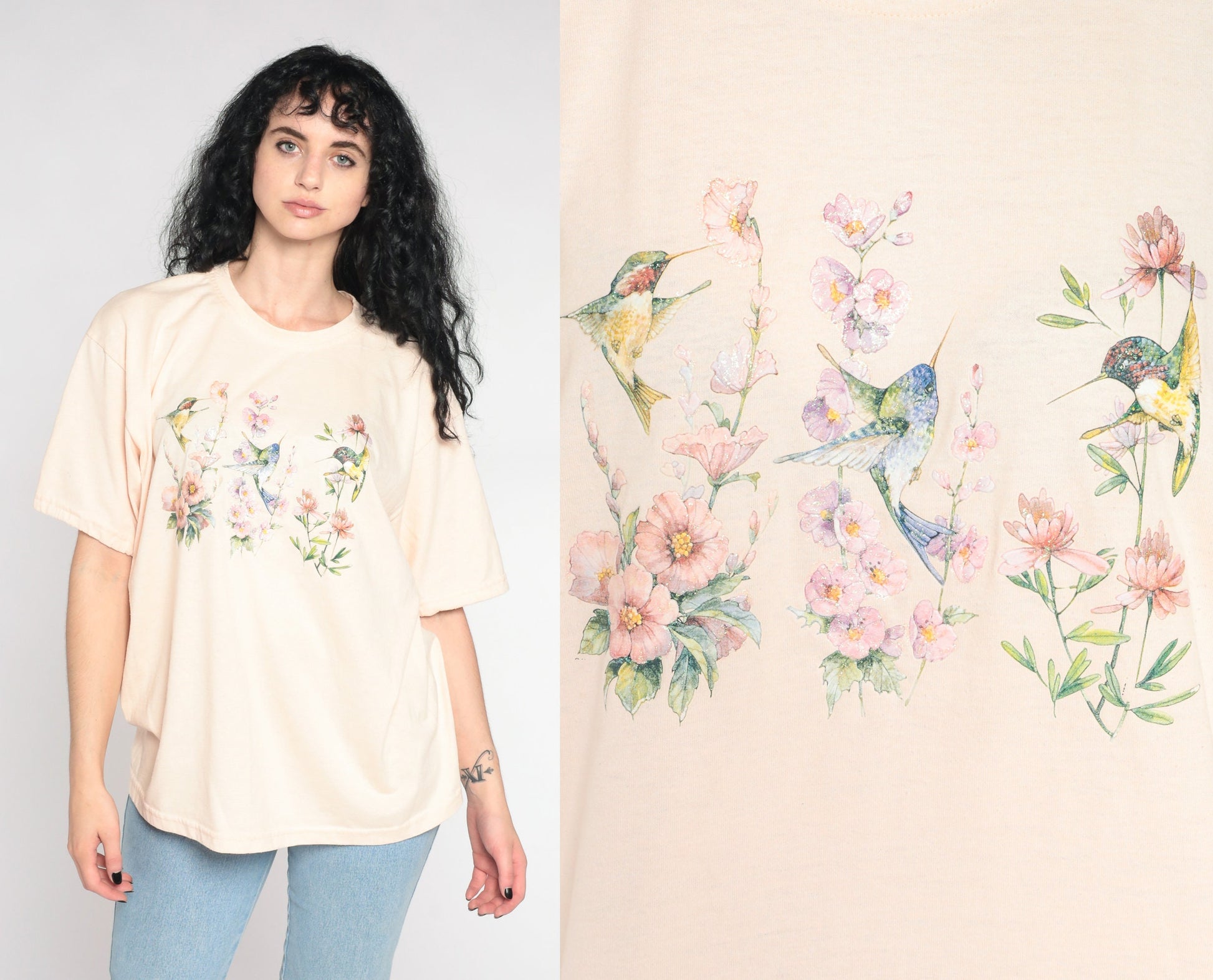 90s Hummingbird Glitter Graphic T-Shirt Floral Beige Extra Large XL