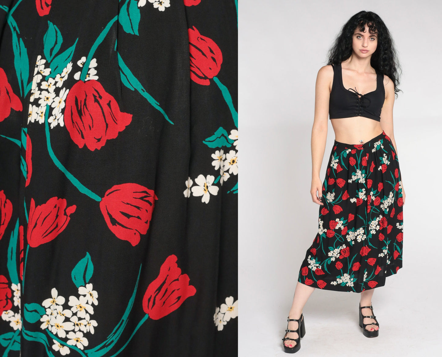 90s Pendleton Floral Midi Skirt Black Red High Waist Small