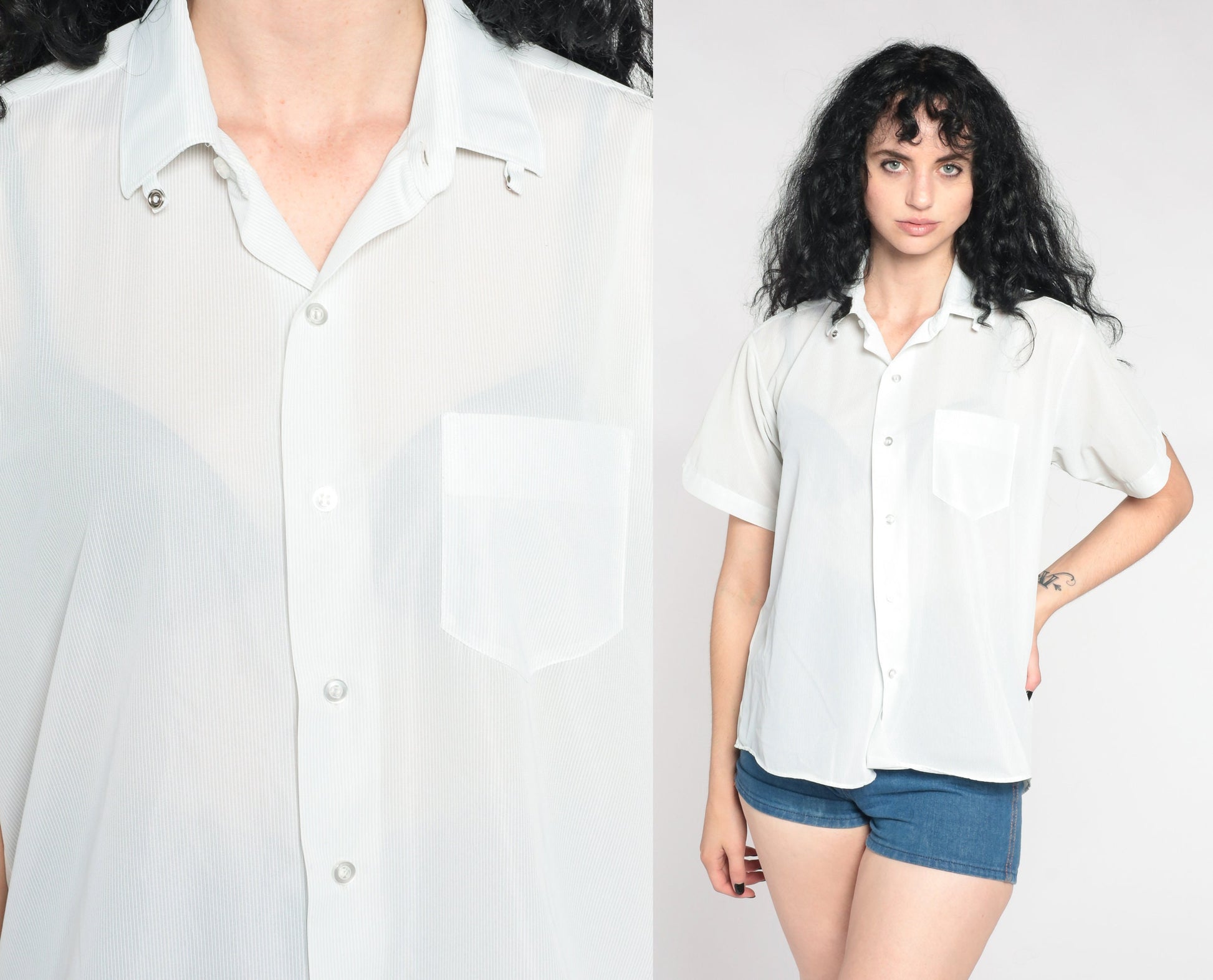 90s Mint Green Pinstripe Button-Up Shirt Semi-Sheer Short Sleeve Large