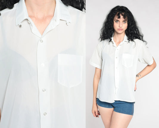 90s Mint Green Pinstripe Button-Up Shirt Semi-Sheer Short Sleeve Large