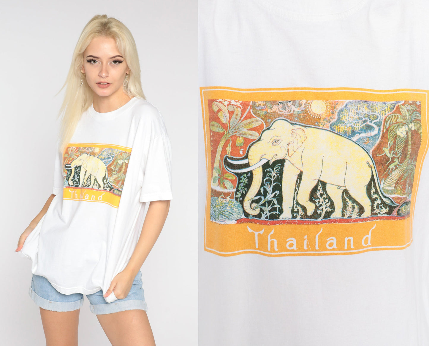 Y2K Thailand Elephant Graphic T-Shirt White Tourist Tee Men's Large