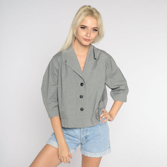 70s Grey Blazer Wide 3/4 Sleeve Button-Up Tailored Jacket Large L