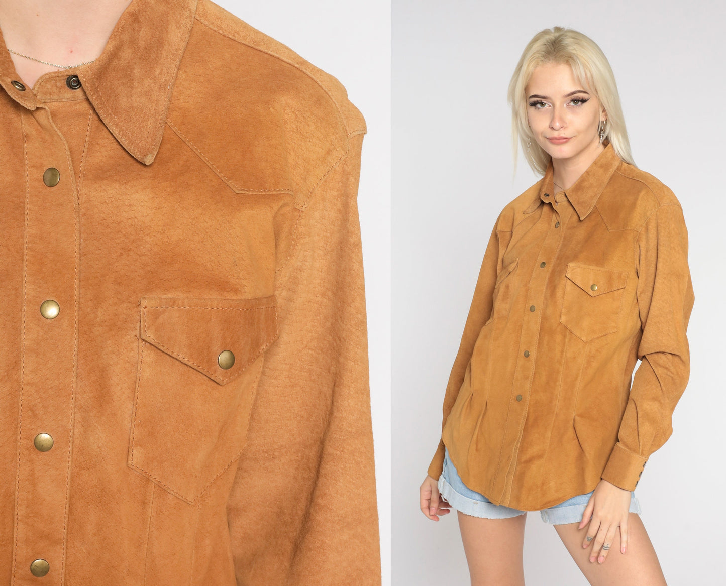 90s Brown Leather Snap Shirt Long Sleeve Western Button Up Medium M