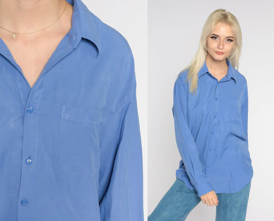 Y2K Blue Button-Up Shirt Long Sleeve Collared Oxford Extra Large