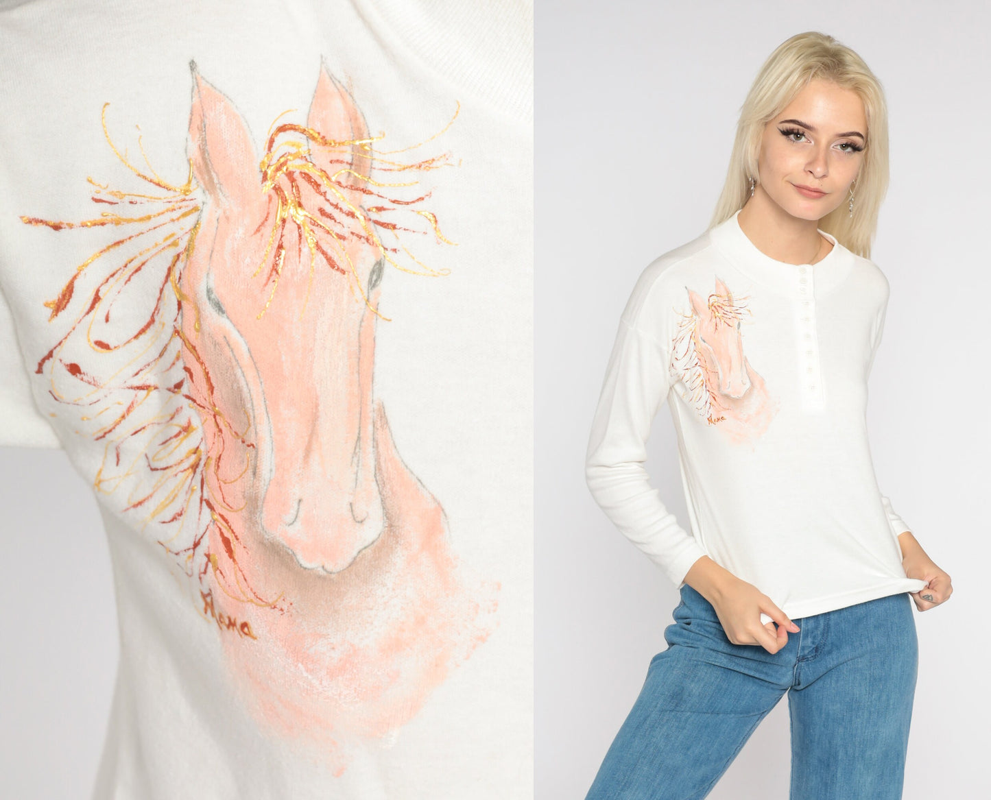 90s Painted Horse Henley Long Sleeve T-Shirt White Glitter Graphic Small S