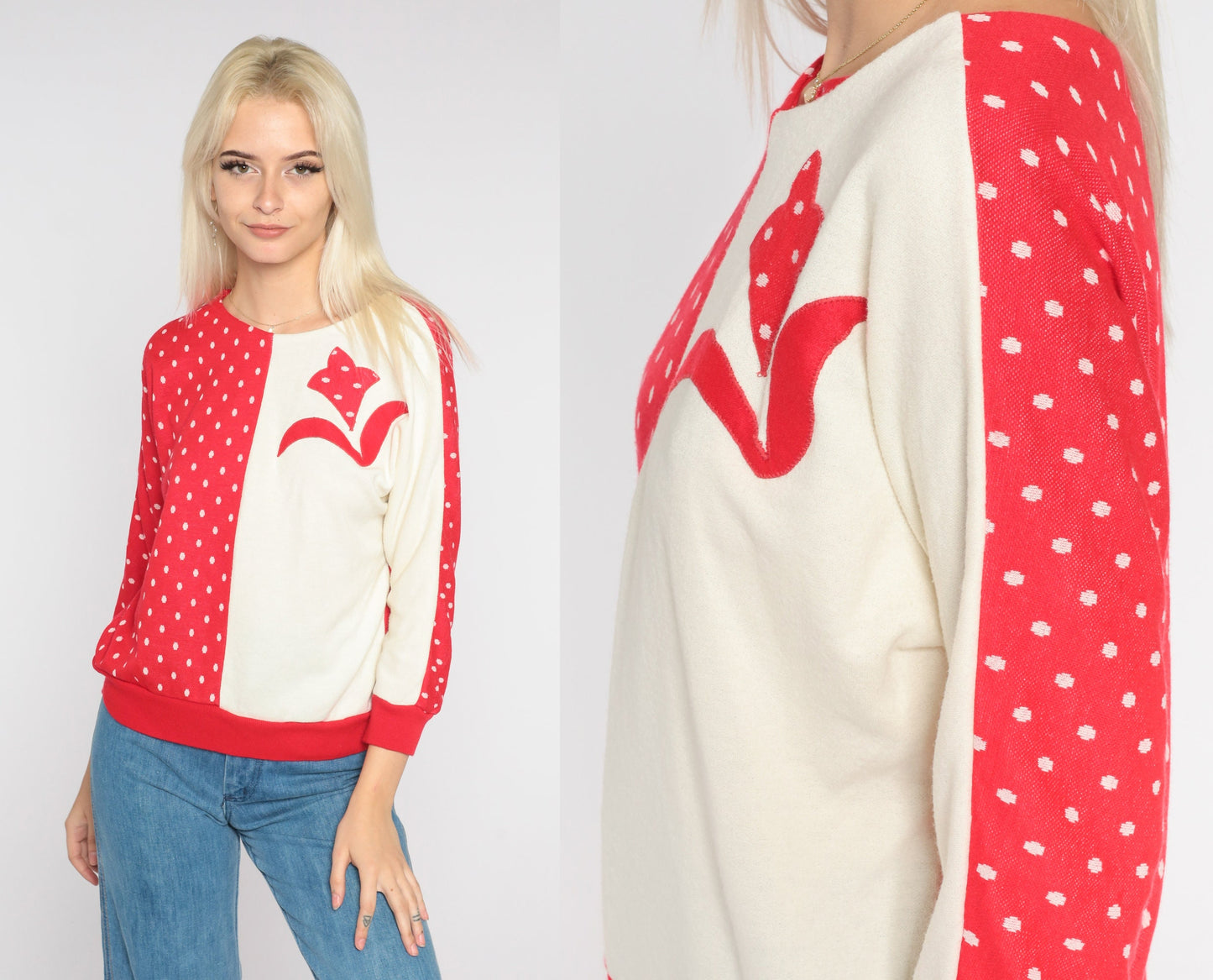 80s Red Polka Dot Sweatshirt Cream Floral Appliqué Pullover Small