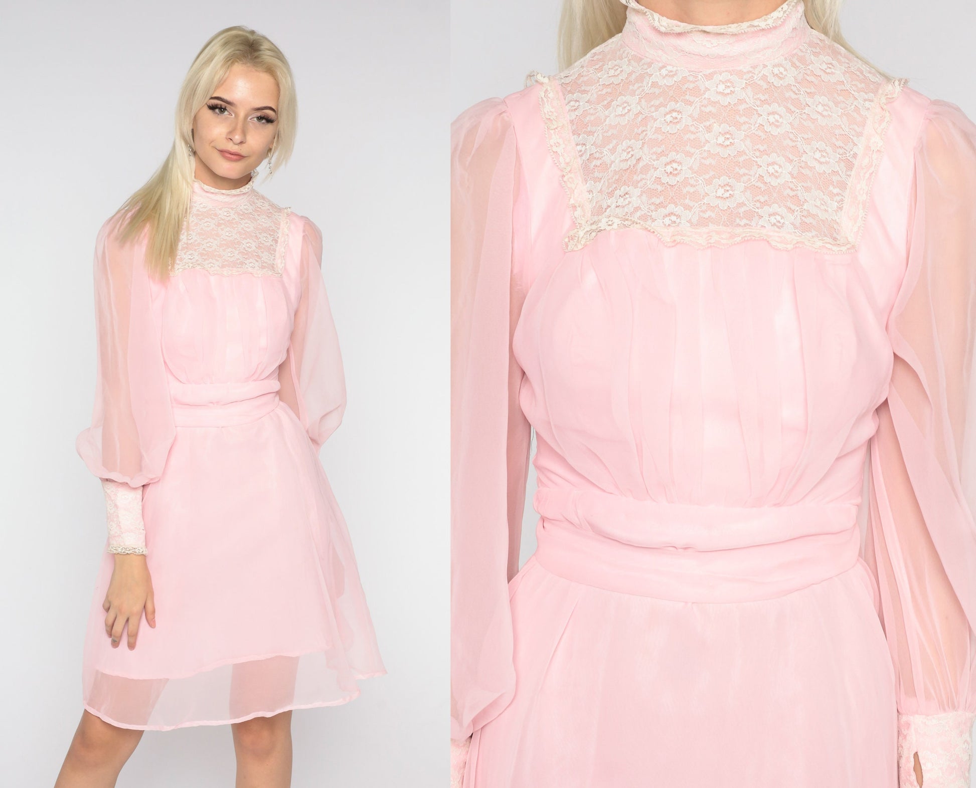 70s Pink Chiffon Mini Dress High Neck Lace Bib Long Sleeve Extra Small
