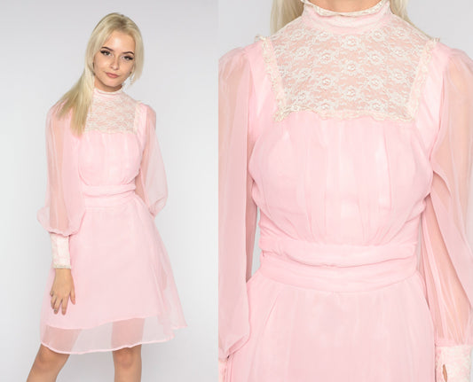 70s Pink Chiffon Mini Dress High Neck Lace Bib Long Sleeve Extra Small