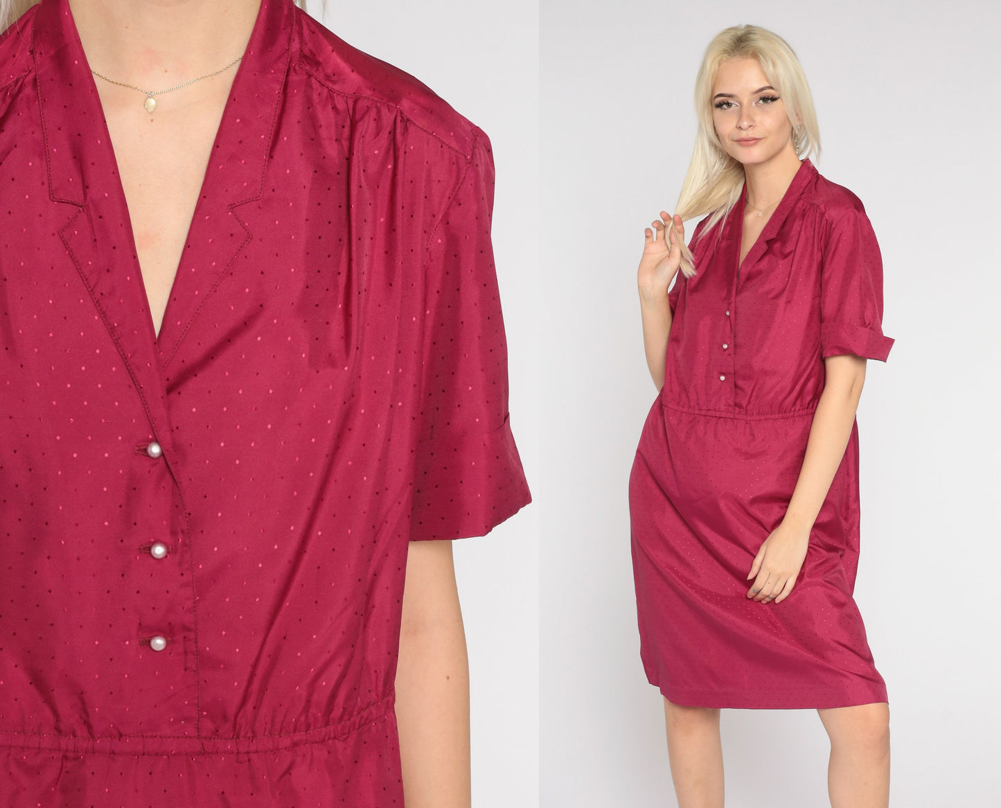 80s Berry Red Shirtwaist Mini Dress Embossed Dots Button-Up Collar Medium Large