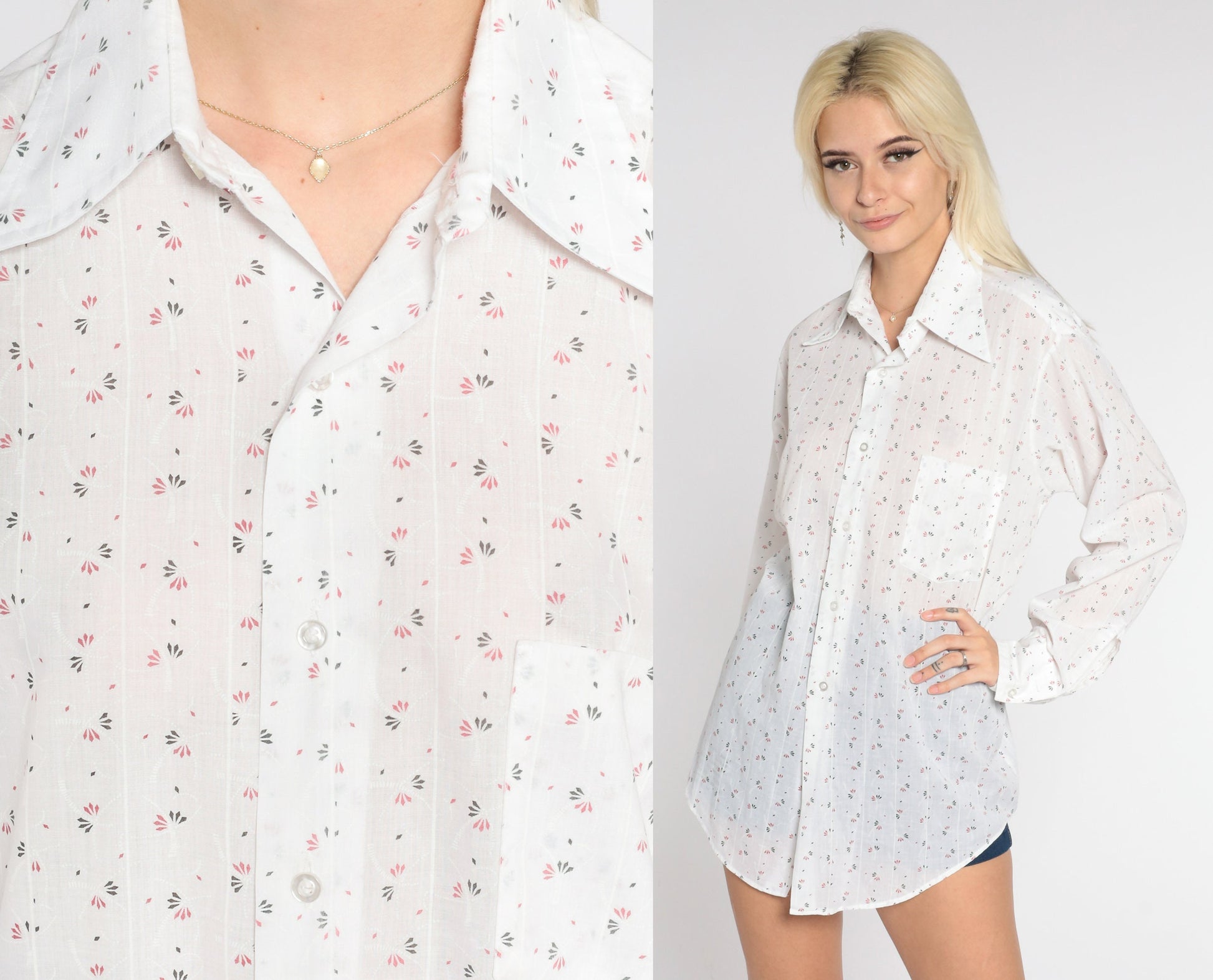 70s White Striped Floral Button-Up Shirt Long Sleeve Collar Large