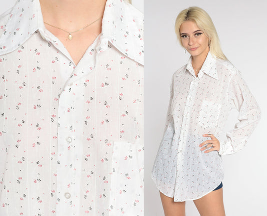 70s White Striped Floral Button-Up Shirt Long Sleeve Collar Large