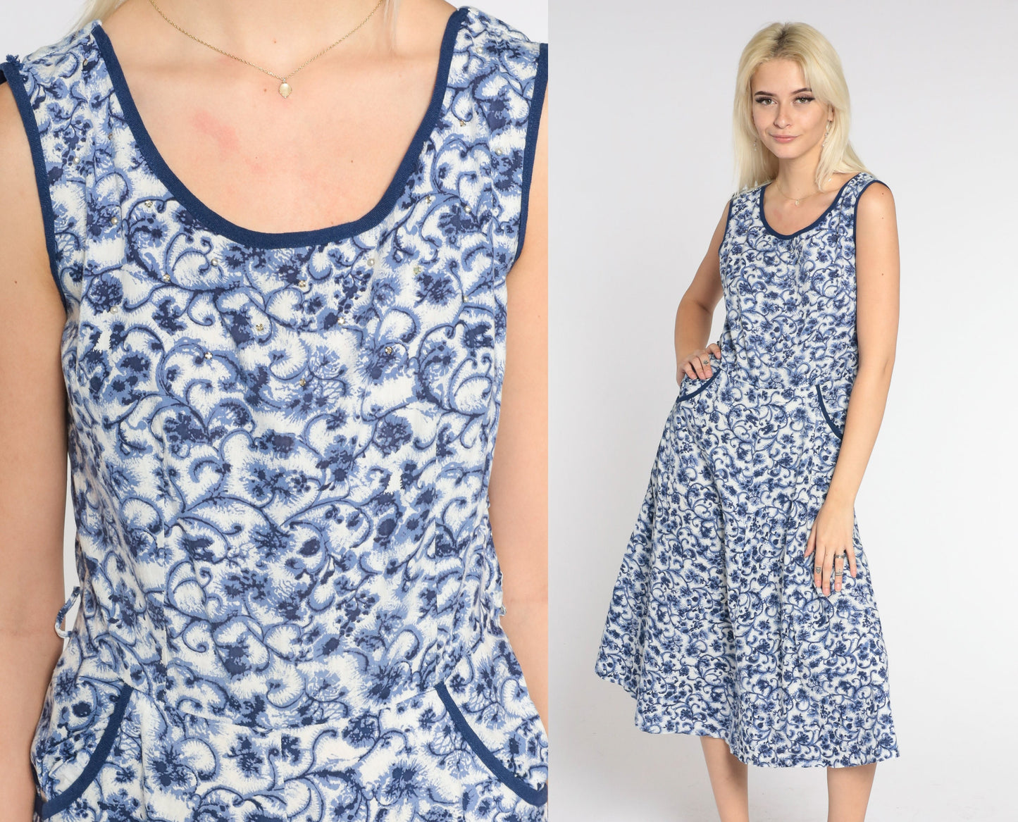1960s Floral Midi Dress Blue White Rhinestone Beaded High Waist A-Line Medium