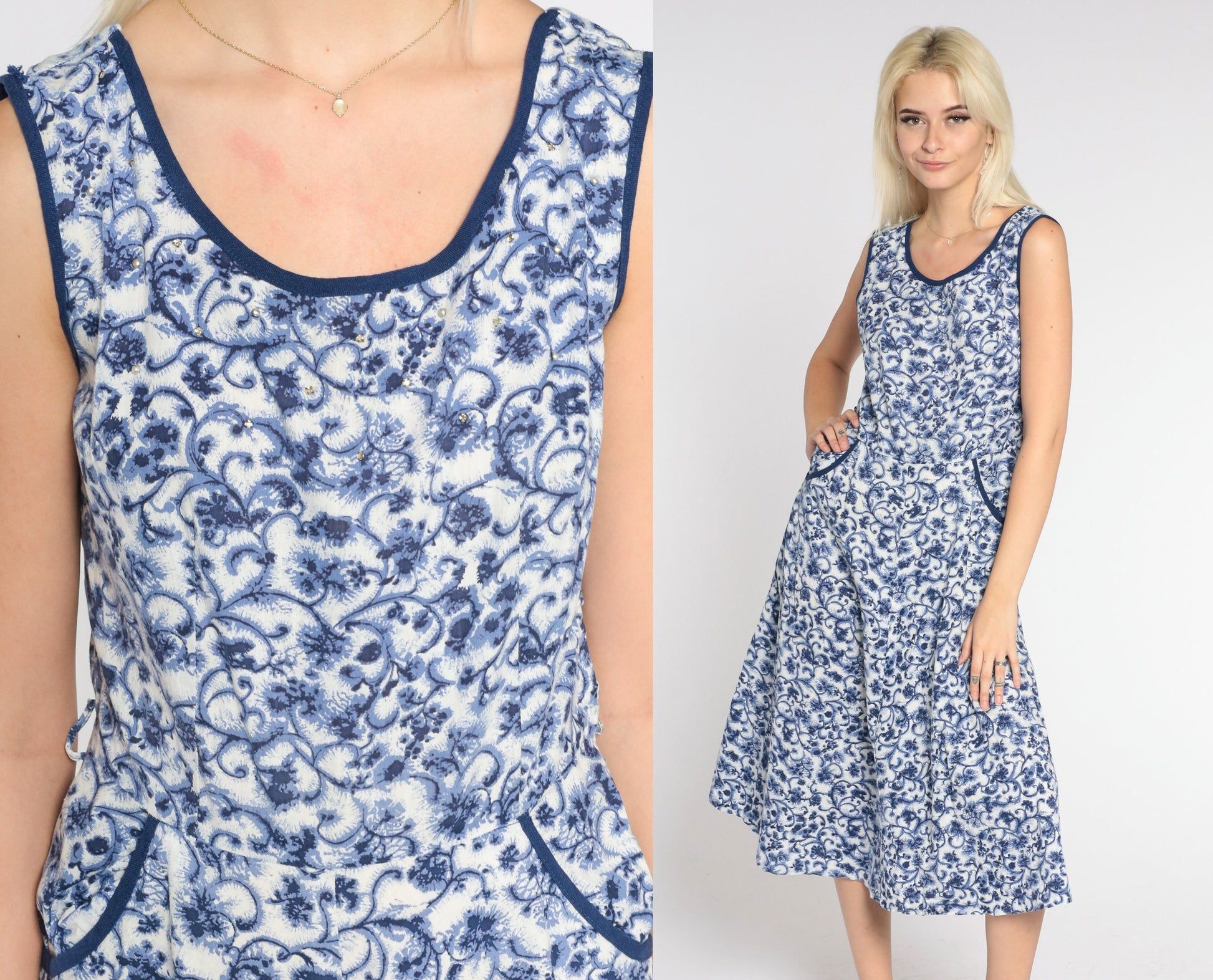 1960s Floral Midi Dress Blue White Rhinestone Beaded High Waist A-Line Medium