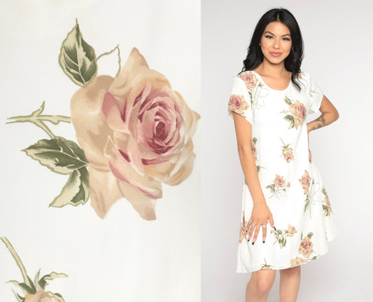 90s Jessica Howard Rose Print Mini Dress White Floral Short Sleeve Large L