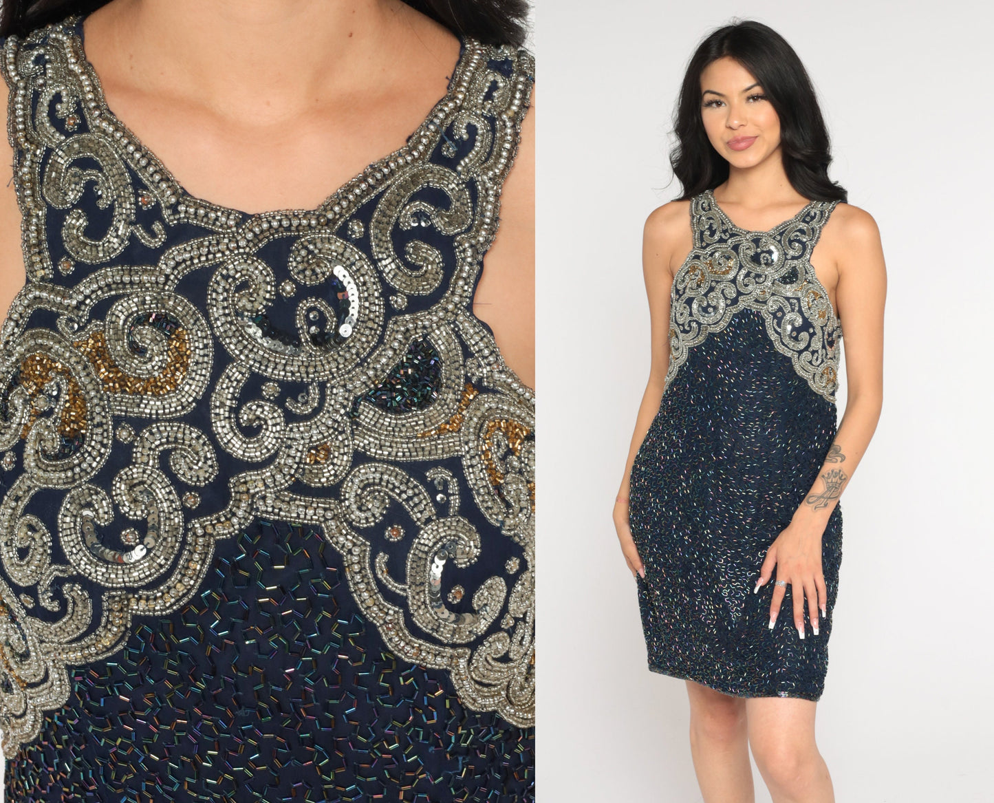 90s Navy Silk Beaded Mini Dress Sleeveless Sheath Small S