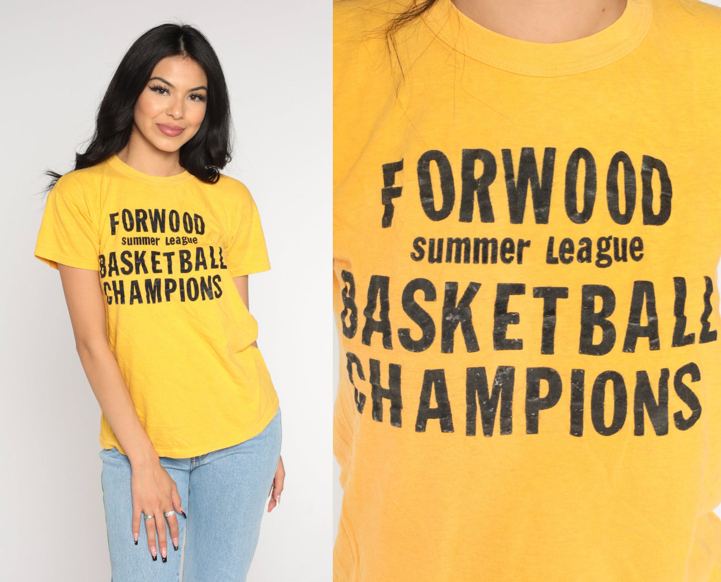 70s Forwood Elementary Basketball Champions T-Shirt Yellow Graphic Tee Medium