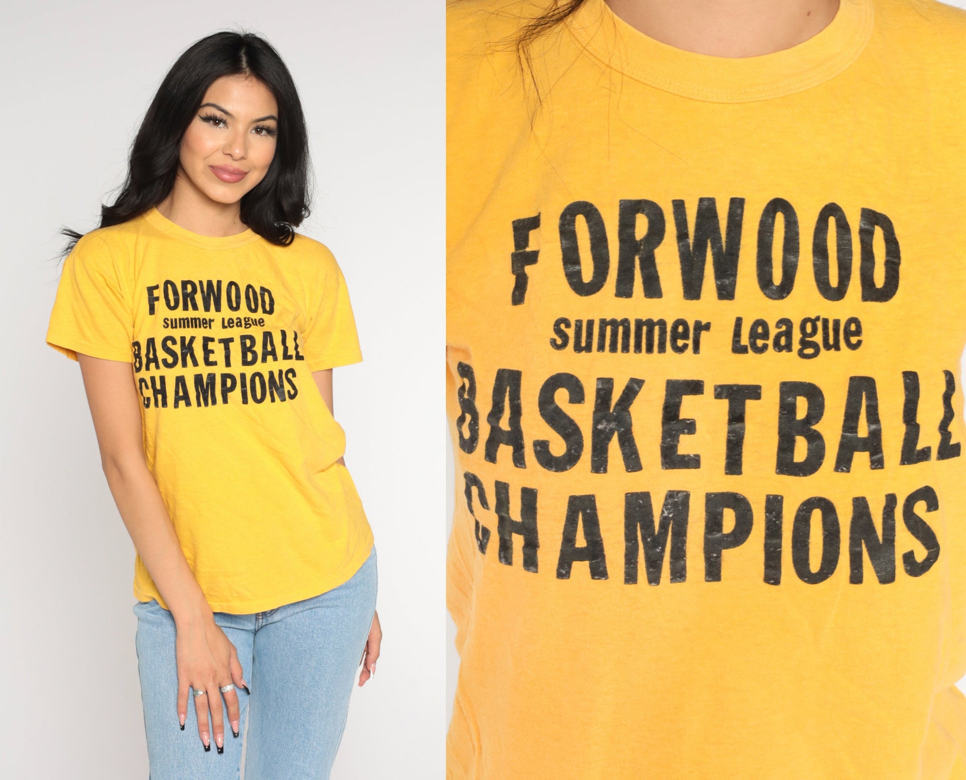 70s Forwood Elementary Basketball Champions T-Shirt Yellow Graphic Tee Medium