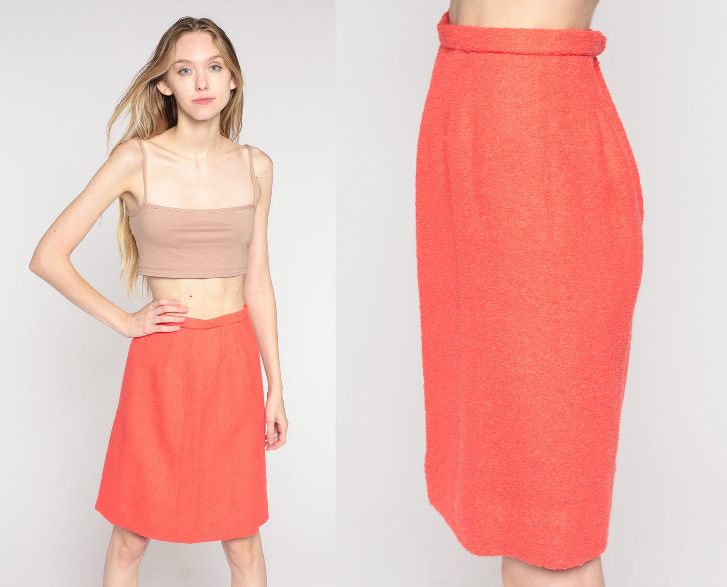 60s Salmon Wool Blend Pencil Skirt High Waisted Knee Length 2XS