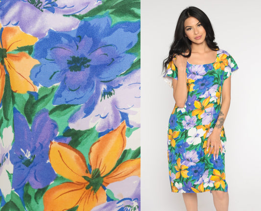 90s Floral Sheath Dress Knee Length Short Sleeve Watercolor Print Green Medium