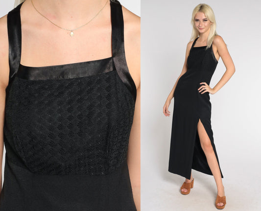 90s Black Maxi Dress High Slit Criss Cross Straps Empire Waist Small 4
