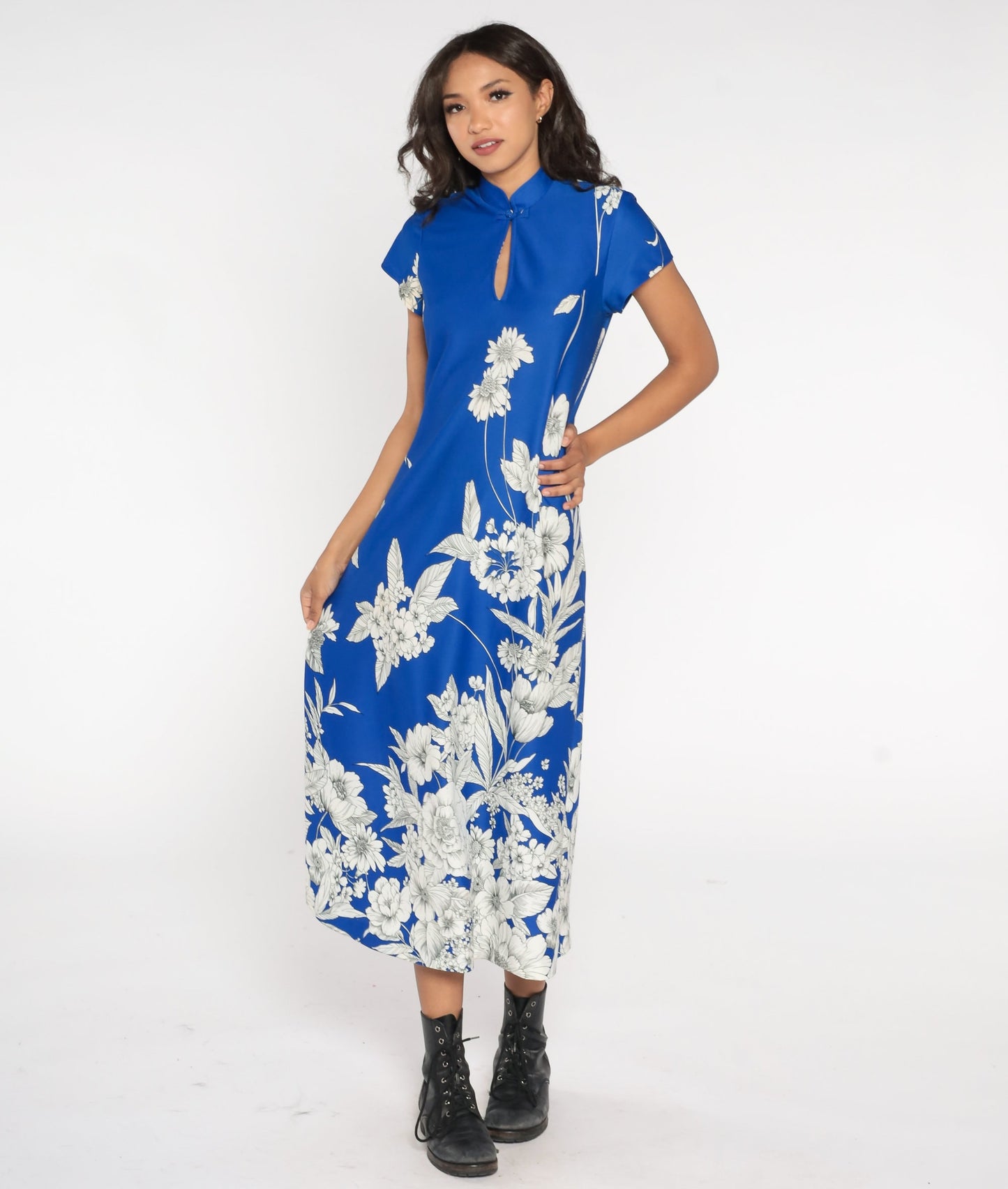 70s Blue Floral Maxi Dress Cap Sleeve Mandarin Collar Keyhole Medium