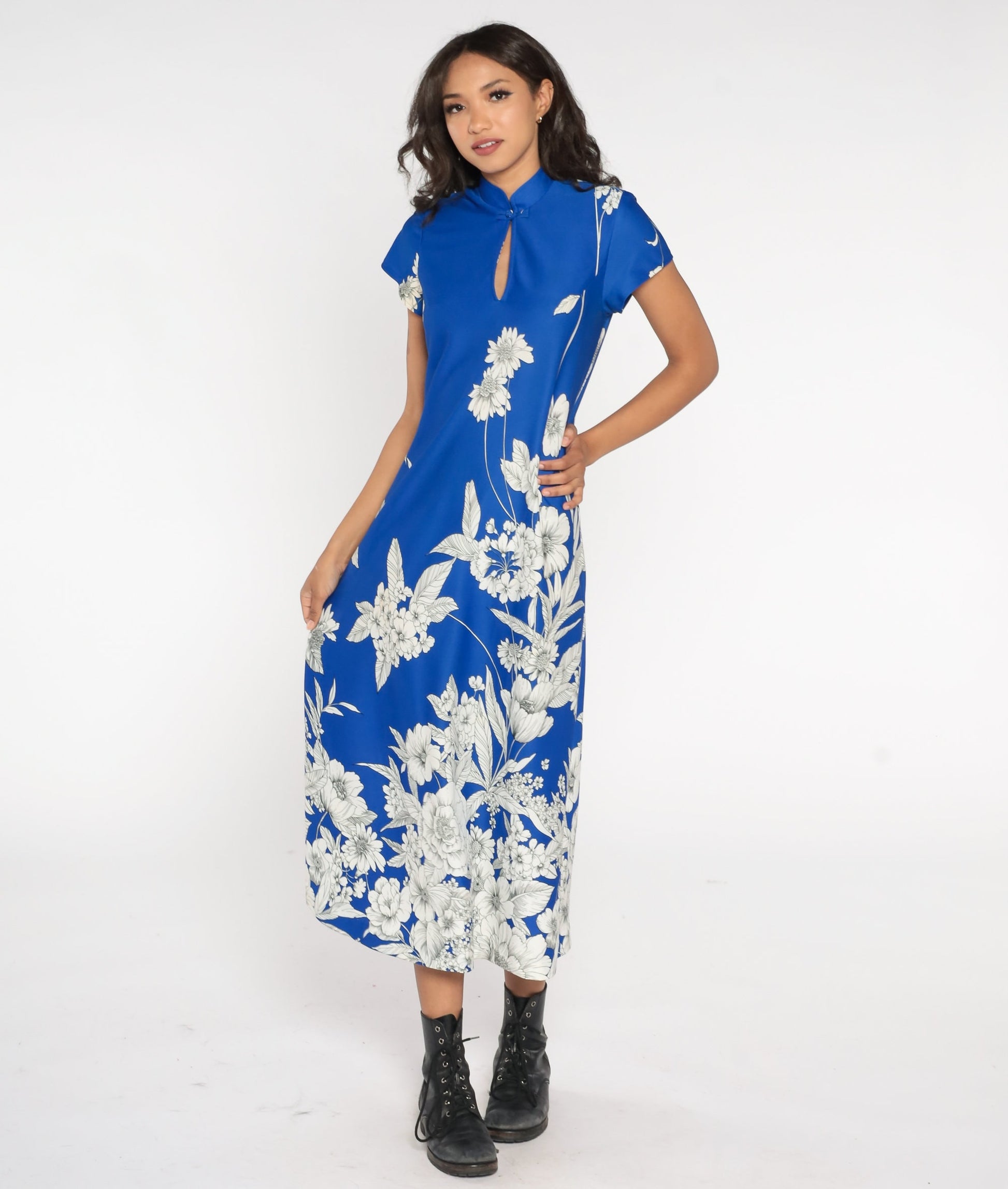 70s Blue Floral Maxi Dress Cap Sleeve Mandarin Collar Keyhole Medium